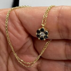 New Elegant 14K Solid Gold Necklace – Black & White Gemstone Floral Pendant 2.9g
