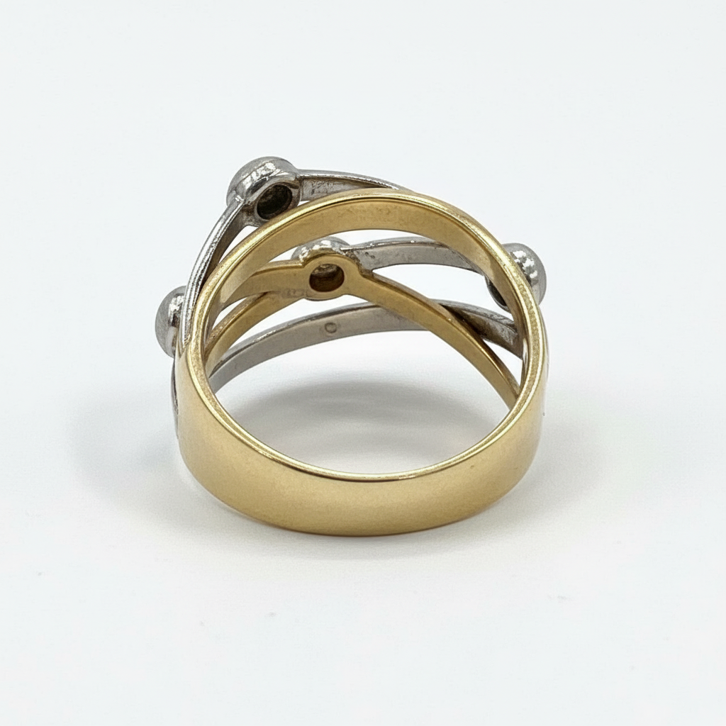 14K Gold Two Tone Crossover Ring Hammered Textured Yellow White Gold Women's Ban - Image 4