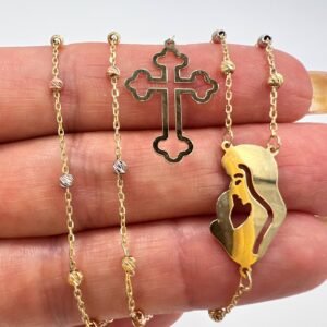 14K Gold Rosary Beads Necklace Misbaha Christian Cross Virgin Mary Italy 4.6g