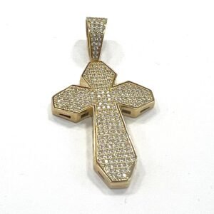 14K yellow gold cross pendant adorned with sparkling zircon, unique and elegant.