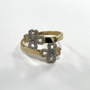 14K yellow gold ring with twin flower design, adorned with elegant zircon stones