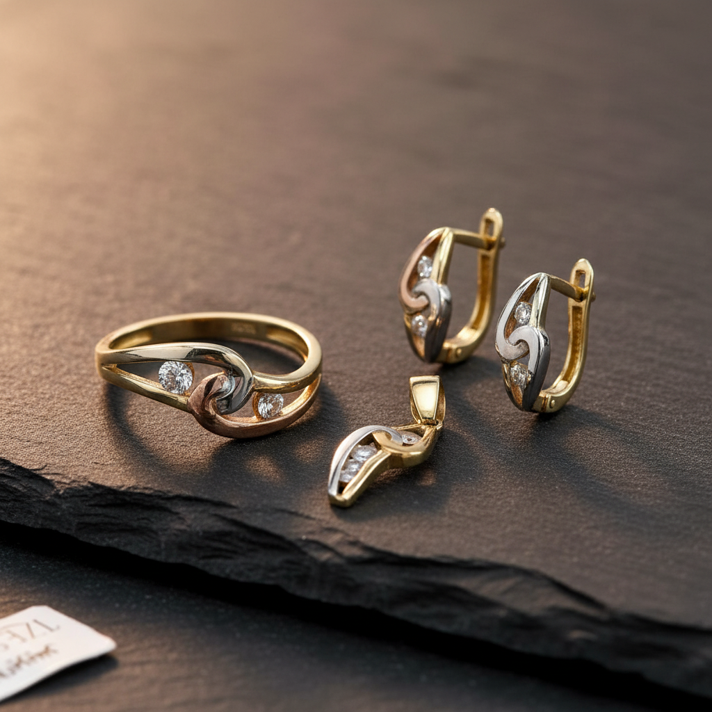 14K Tri-Color Gold Zircon Jewelry Set | Ring Earrings Pendant | Artistic Women's Gift - Image 2