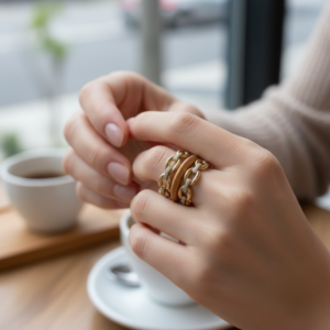 14K Yellow Gold Triple Band Chain Link Ring Rose White Accent Women's Modern