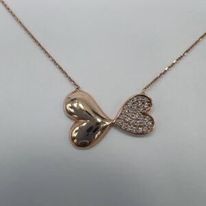New Elegant 14K Solid Gold Italian Necklace – Double Heart Pendant with CZ 3.3g