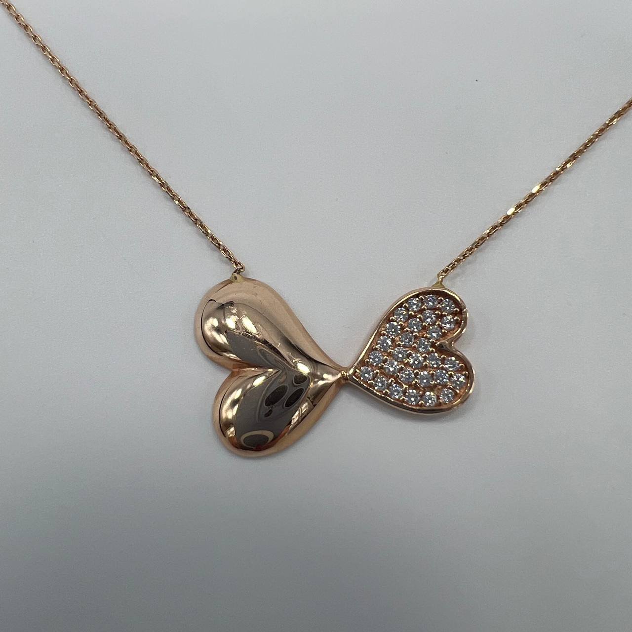New Elegant 14K Solid Gold Italian Necklace – Double Heart Pendant with CZ 3.3g