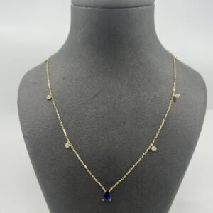 New Elegant 14K Solid Gold Necklace – Blue Sapphire & Diamond Accents, 2.1g