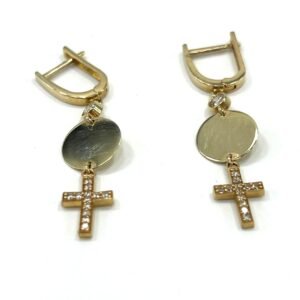 Elegant 14K yellow gold cross earrings, simple and refined design with zircon