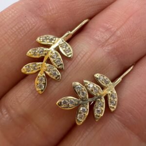 14K Solid Gold Leaf Branch Earrings with CZ Stones Elegant Jewelry Gift Italy 2g