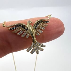 14K Yellow Gold Phoenix Necklace with black, smoked & White Zircon Elegant gift