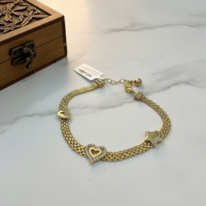 14K Yellow Gold Triple Strand Bracelet Women's Zircon Heart Star Fine Jewelry Gift