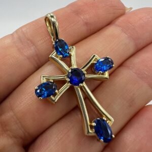 14K Yellow Gold Cross Pendant Blue Gemstone Religious Jewelry Italy Gift 3.9g