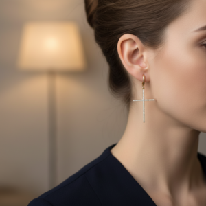 14K Yellow Gold Cross Drop Dangle Earrings Clear Zircon Fine Jewelry Women's Gift