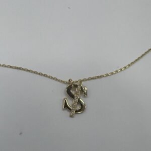 New 14K Solid Gold Italian Necklace – Dollar Sign Pendant with Diamonds 2.2g