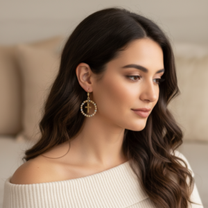 14K Tri-Color Gold Diamond Cut Beaded Circle Earrings w/ Cross Dangle Women