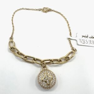 Beautiful 14K yellow gold bracelet with a chain & zircon decorated circle charm