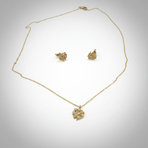 14K Yellow Gold Zircon Floral Necklace & Stud Earrings Set Womens Fine Jewelry