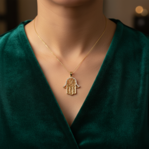 14K Yellow Gold Hamsa Pendant | Filigree Zircon Stones | Protection Charm Necklace