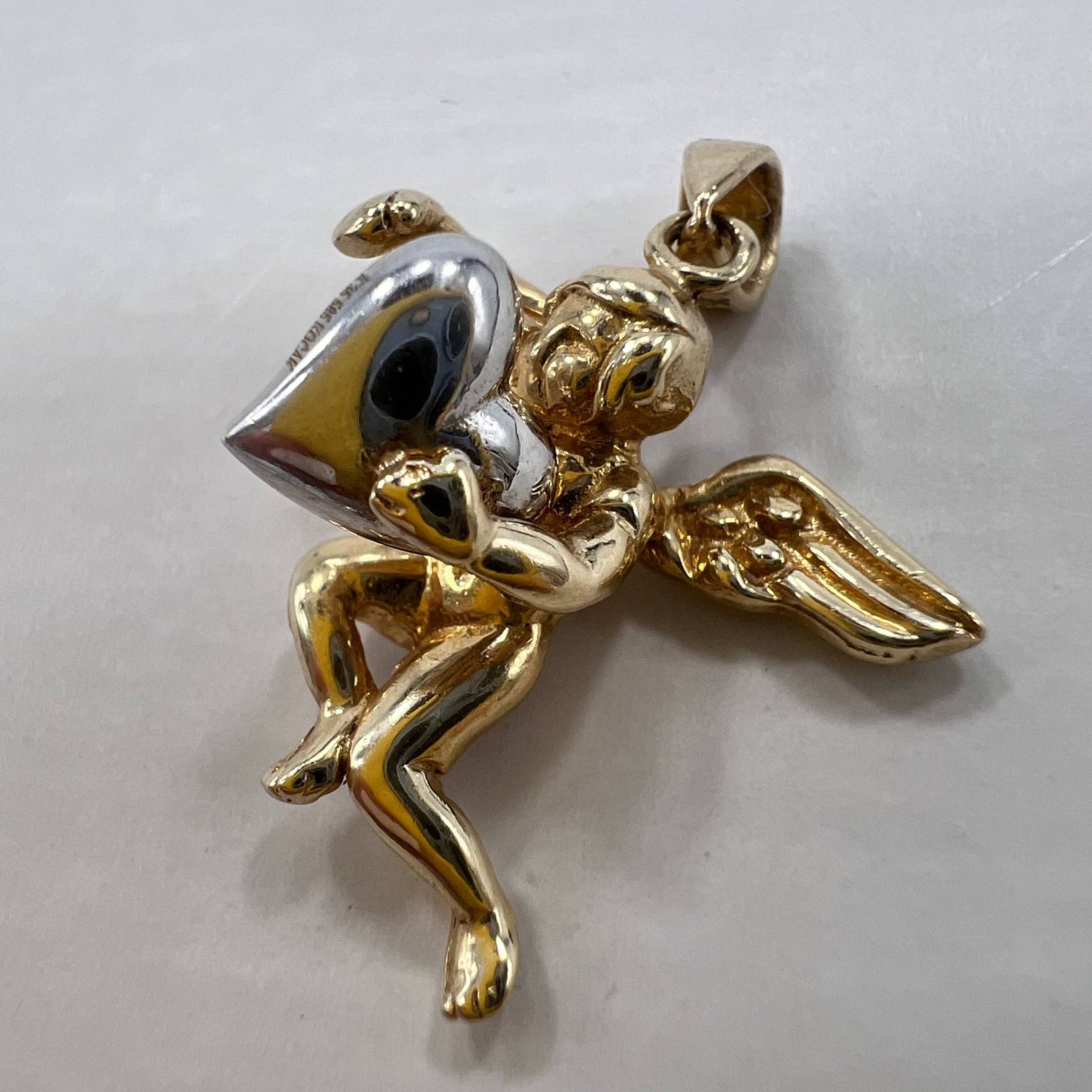 New 14K Solid Gold Angel Pendant Jewelry Italian Cherub with Heart Marked 2.8g - Image 4