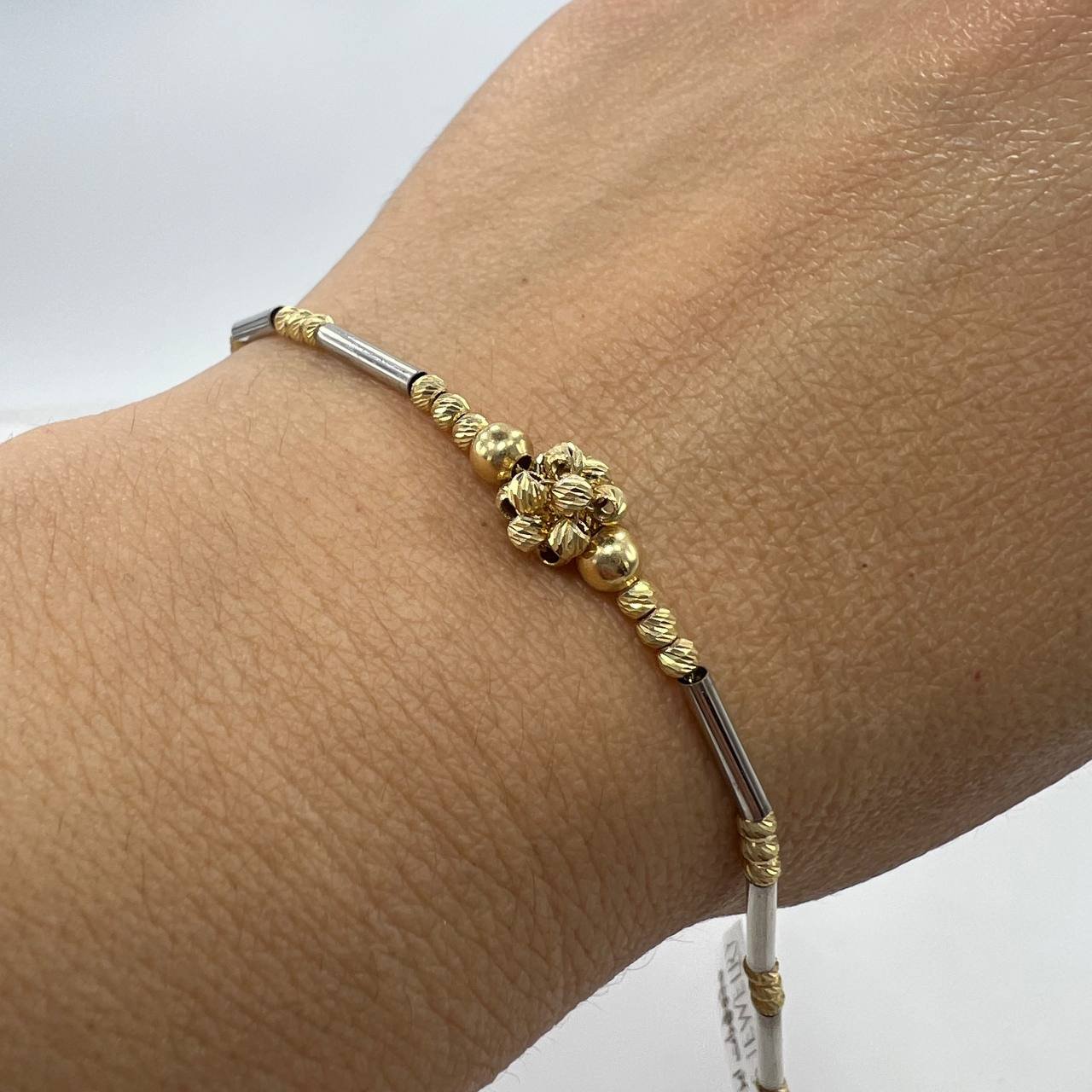 New 14K Solid Gold Two-Tone Bracelet Italy – Textured & Polished Beads 4.3g