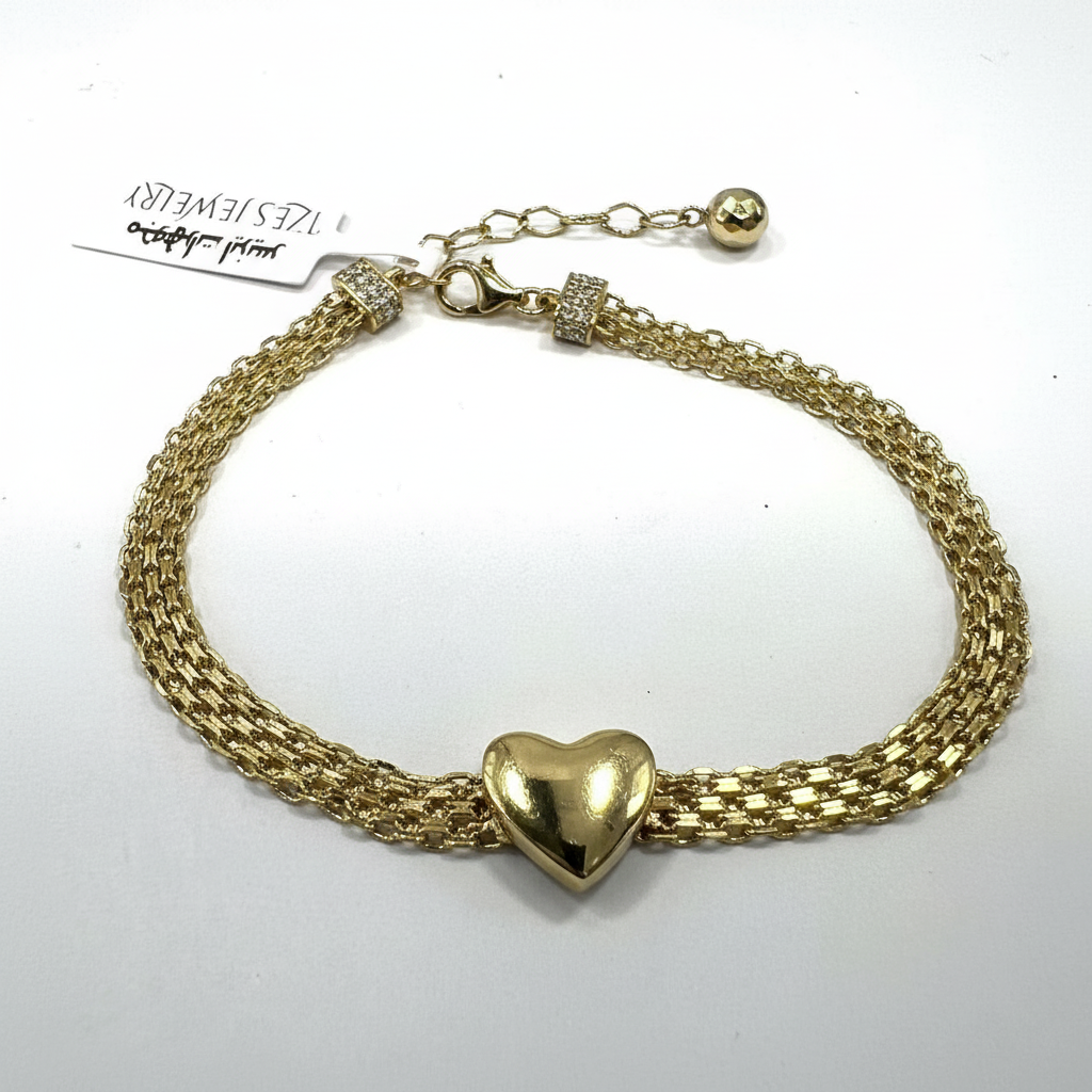 Timeless 14K Yellow Gold Heart Charm Bracelet Triple Layer Chain Women's Fine Jewelry Gift - Image 2