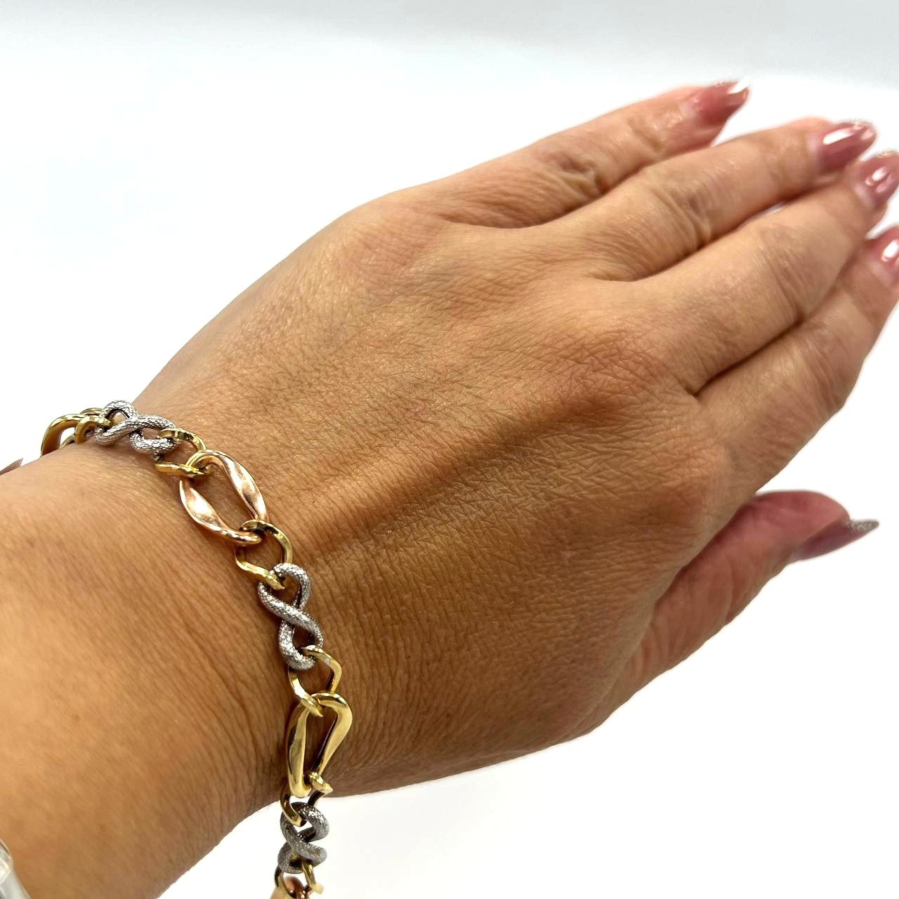14K yellow, white & rose gold bracelet in a chic chain-link design, new modern - Image 4