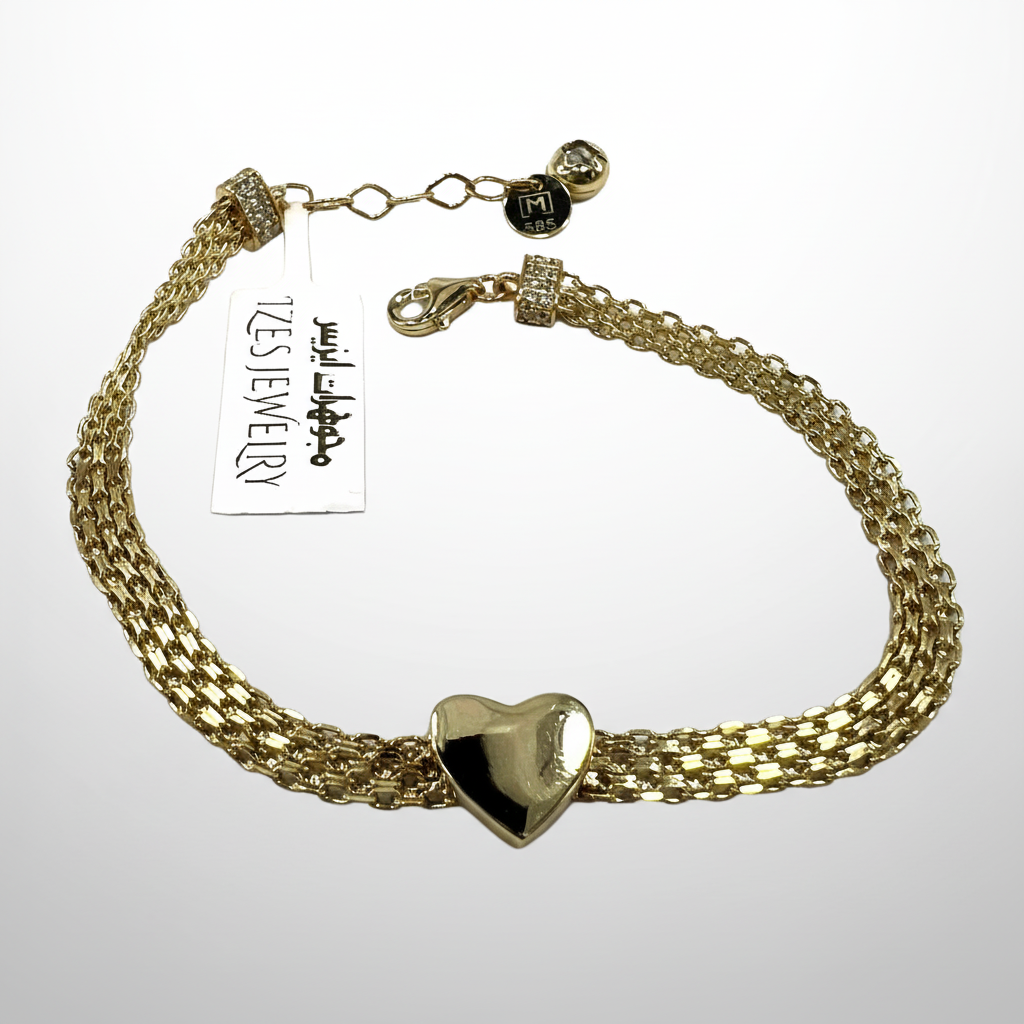 Timeless 14K Yellow Gold Heart Charm Bracelet Triple Layer Chain Women's Fine Jewelry Gift - Image 4