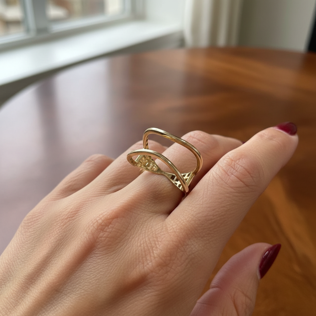 14K Yellow Gold Modern Open Frame Ring Minimalist Sculptural Design Size 7 - Image 4