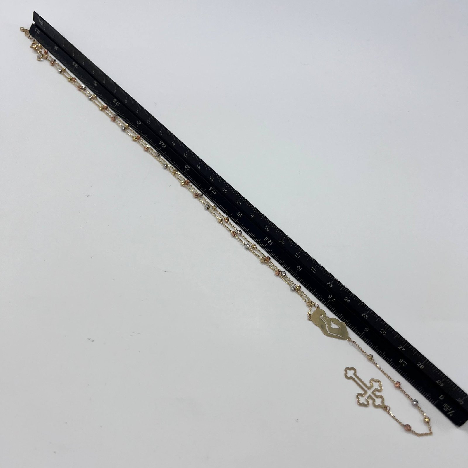 14K Gold Rosary Beads Necklace Misbaha Christian Cross Virgin Mary Italy 4.6g - Image 3