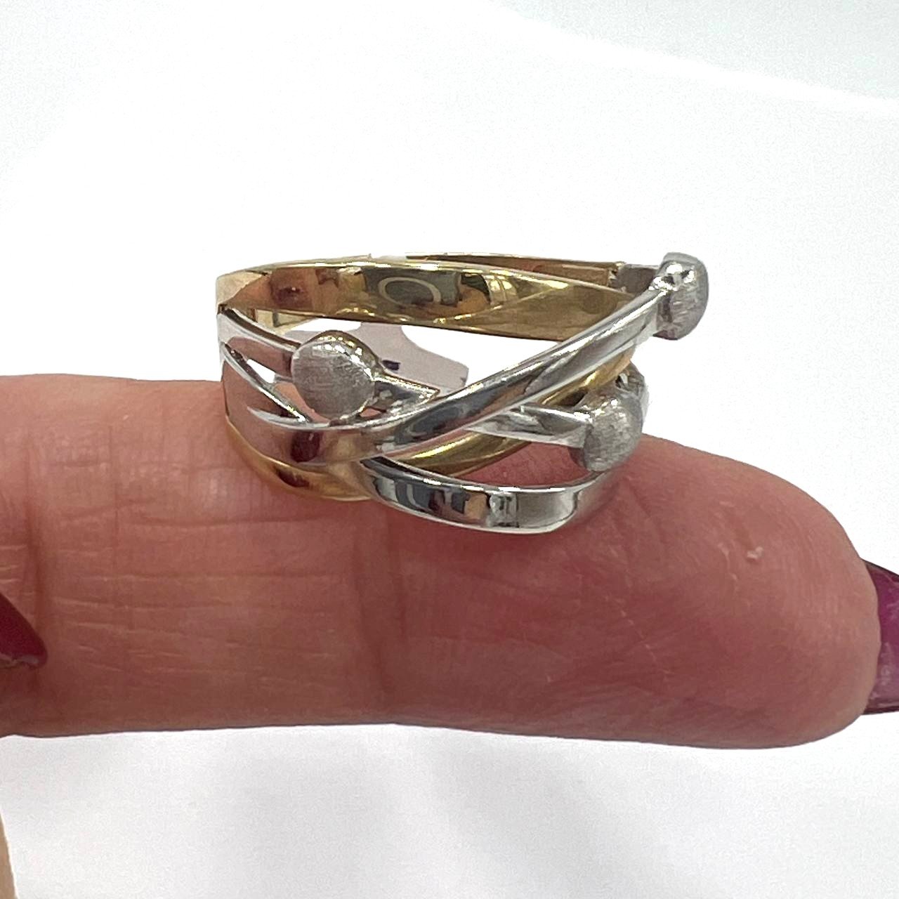 14K Gold Two Tone Crossover Ring Hammered Textured Yellow White Gold Women's Ban - Image 8