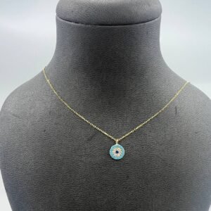New Elegant 14K Solid Gold Necklace – Turquoise & Diamond Round Pendant 1.4g