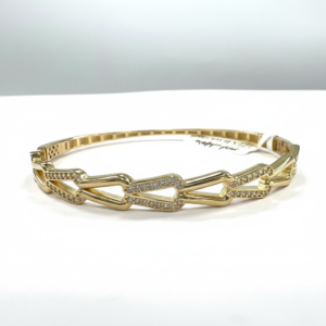 14K Yellow Gold Bangle Bracelet Interlinked Chain Zircon Diamond Cut Women's Fine Jewelry