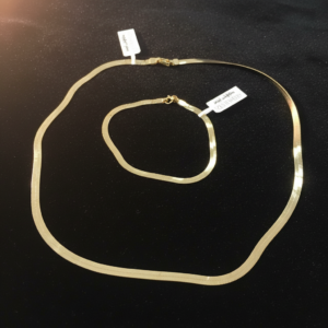 14K Yellow Gold Herringbone Necklace & Bracelet Set Flat Chain Mirror Shine Wome