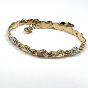 New 14K gold bracelet in yellow, white & rose tones, featuring a  heart design