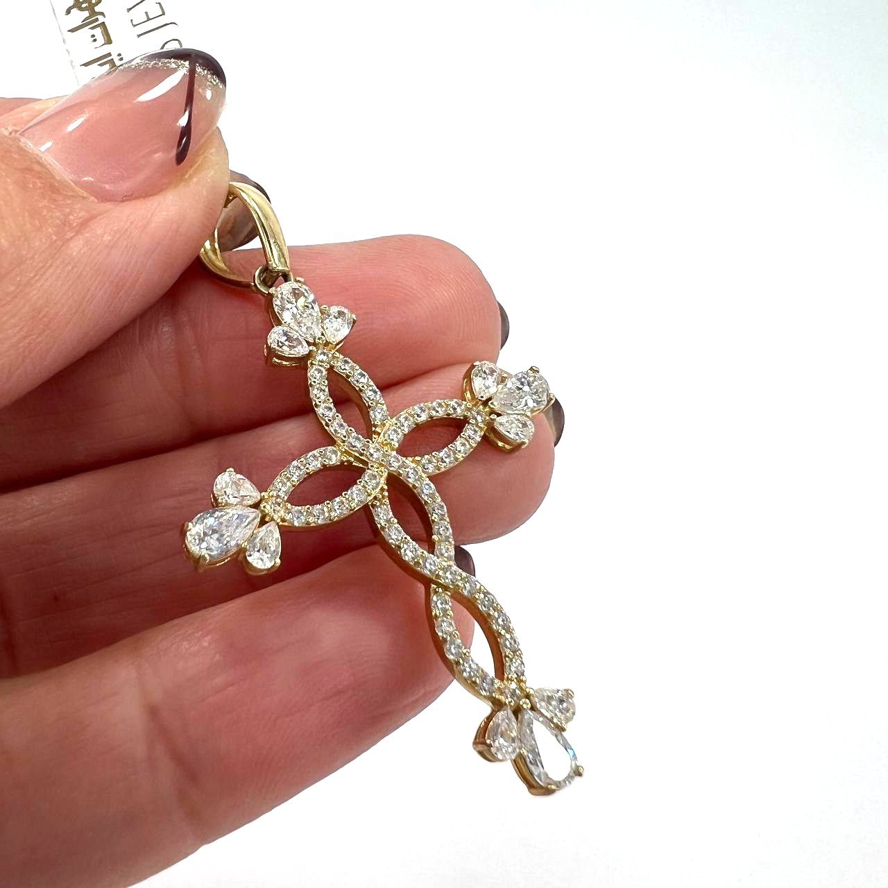 14K Yellow Gold Interlaced Cross Pendant Pear Marquise Cut Stones Charm New - Image 7