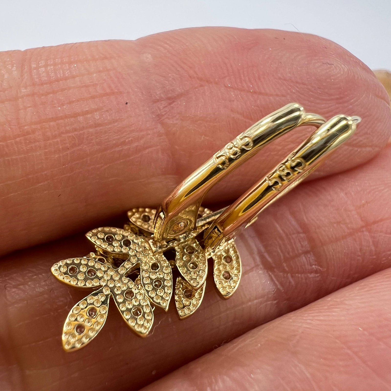 14K Solid Gold Leaf Branch Earrings with CZ Stones Elegant Jewelry Gift Italy 2g - Image 7