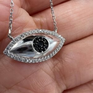 New Elegant 14K White Gold Necklace with Evil Eye Black & White Zircon, 3.1g, 23
