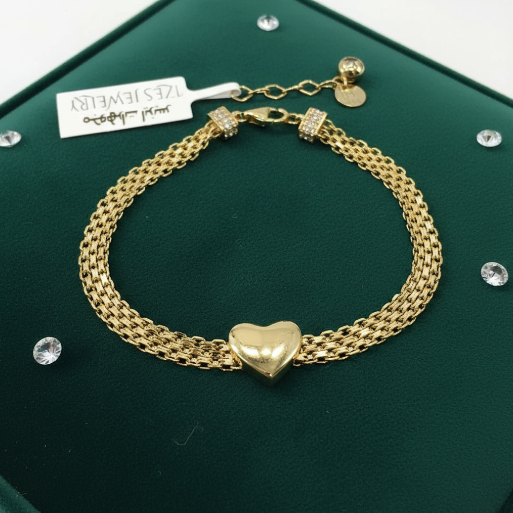 Timeless 14K Yellow Gold Heart Charm Bracelet Triple Layer Chain Women's Fine Jewelry Gift - Image 3