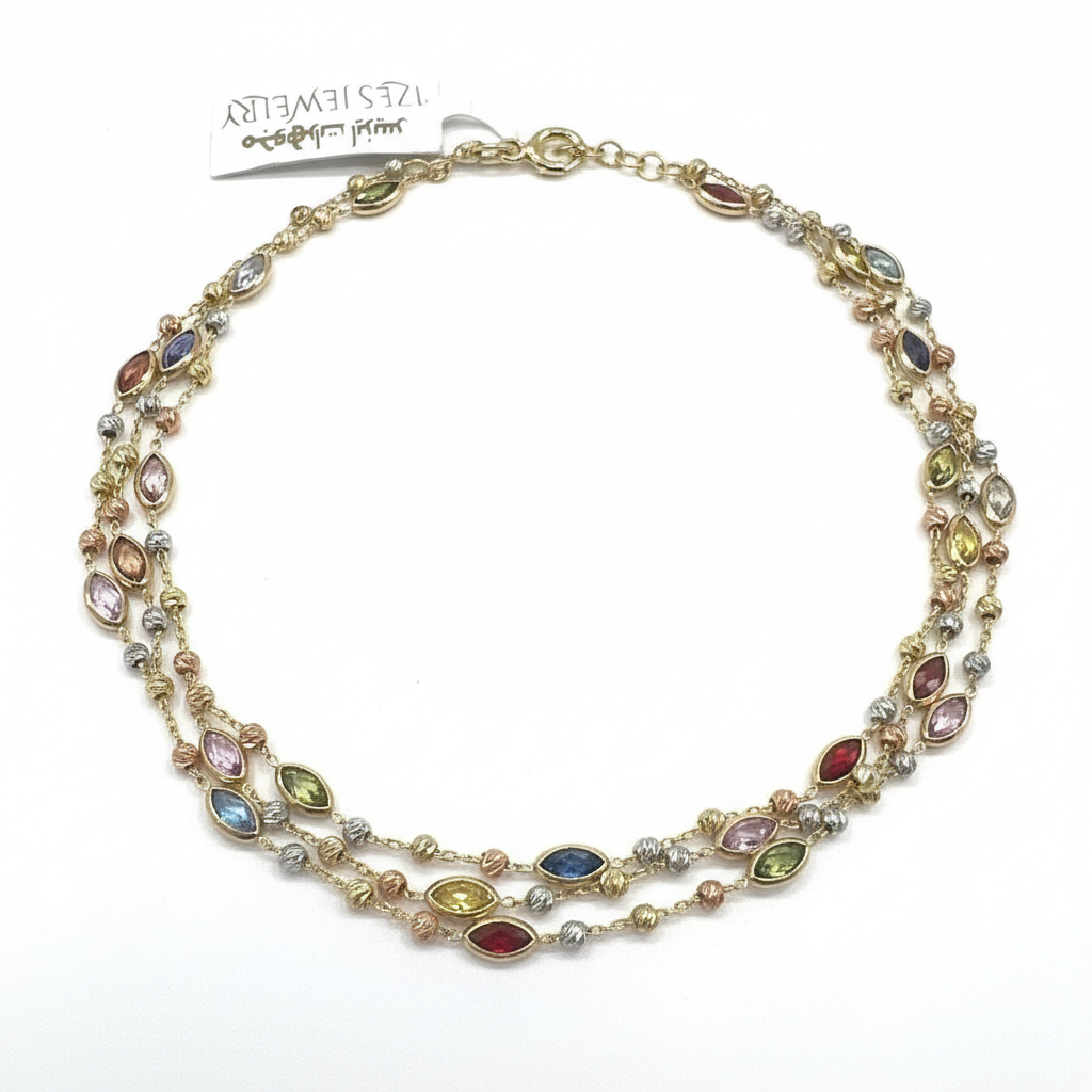 14K Tricolor Gold Layered Zircon Marquise Gemstone Necklace Adjustable - Image 3