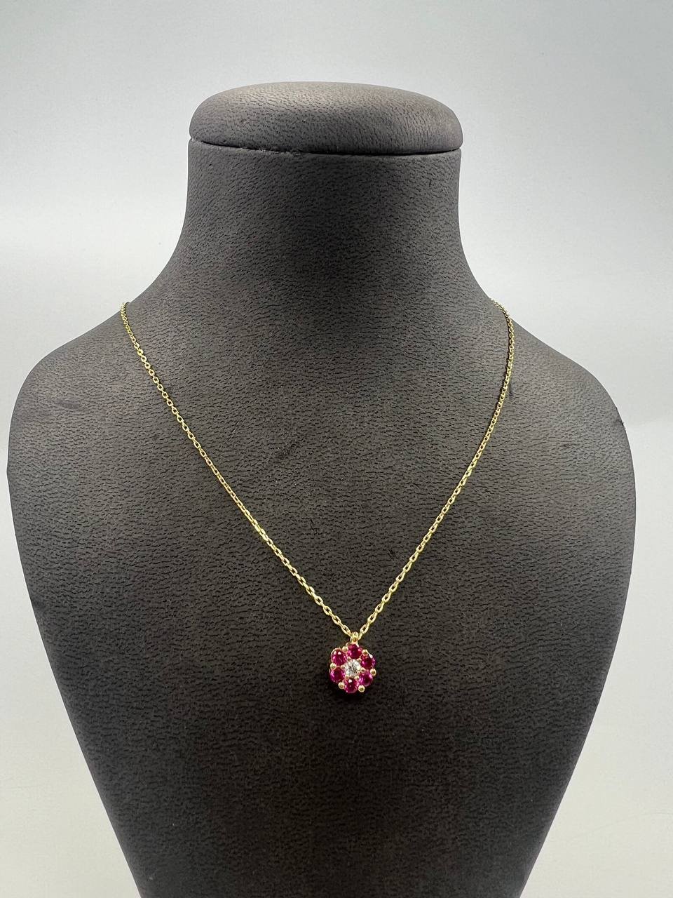 New Elegant 14K Solid Gold Necklace with Ruby & Diamond Flower Pendant – 2.3g