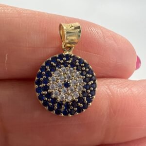 New 14K Gold Pendant Round Medallion Blue White Stones Italy Gift for Her  1.5g