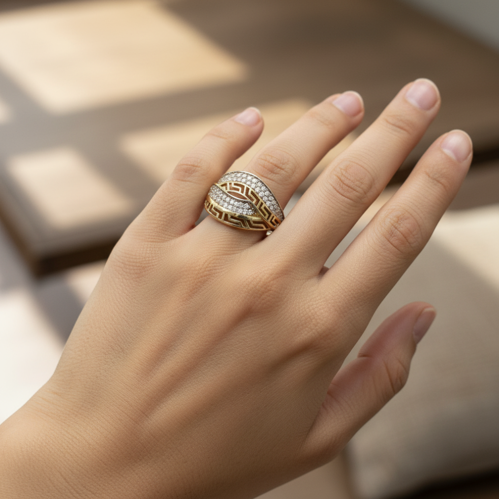 14K Solid Yellow Gold Greek Key Meander Zircon Ring Women's Luxury Fine Jewelry