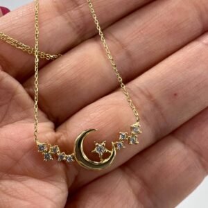 New Elegant 14K Solid Gold Italian Necklace – Crescent Moon & Star Pendant 2.0g