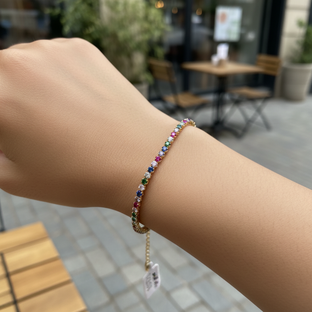 Izes 14K Gold Multi-Color Zircon Rainbow Tennis Bracelet Women Fine Jewelry