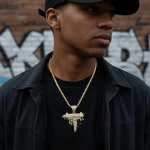 14K Yellow Gold Dripping Gun Pendant Zircon Iced Out Hip Hop Statement Charm Men