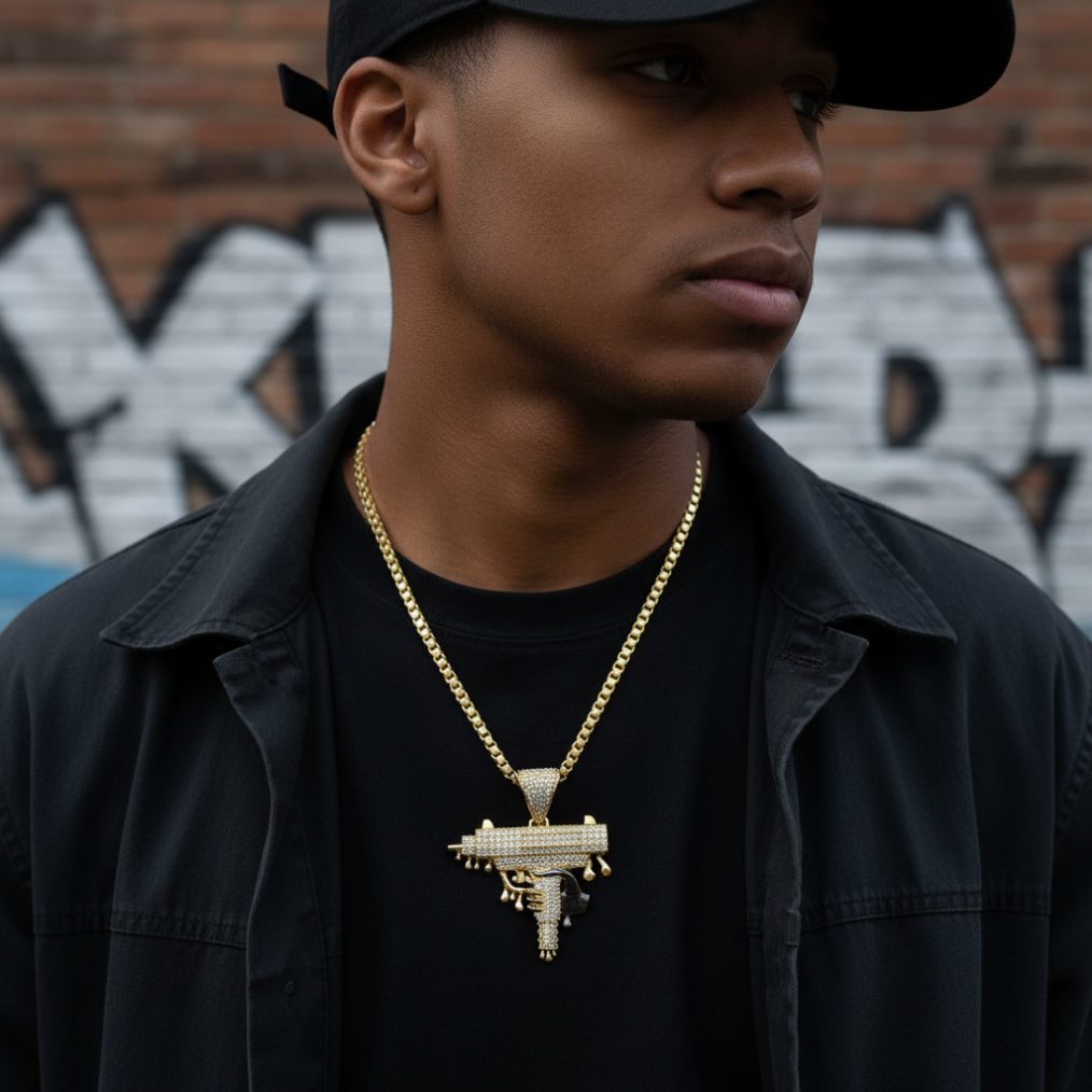 14K Yellow Gold Dripping Gun Pendant Zircon Iced Out Hip Hop Statement Charm Men