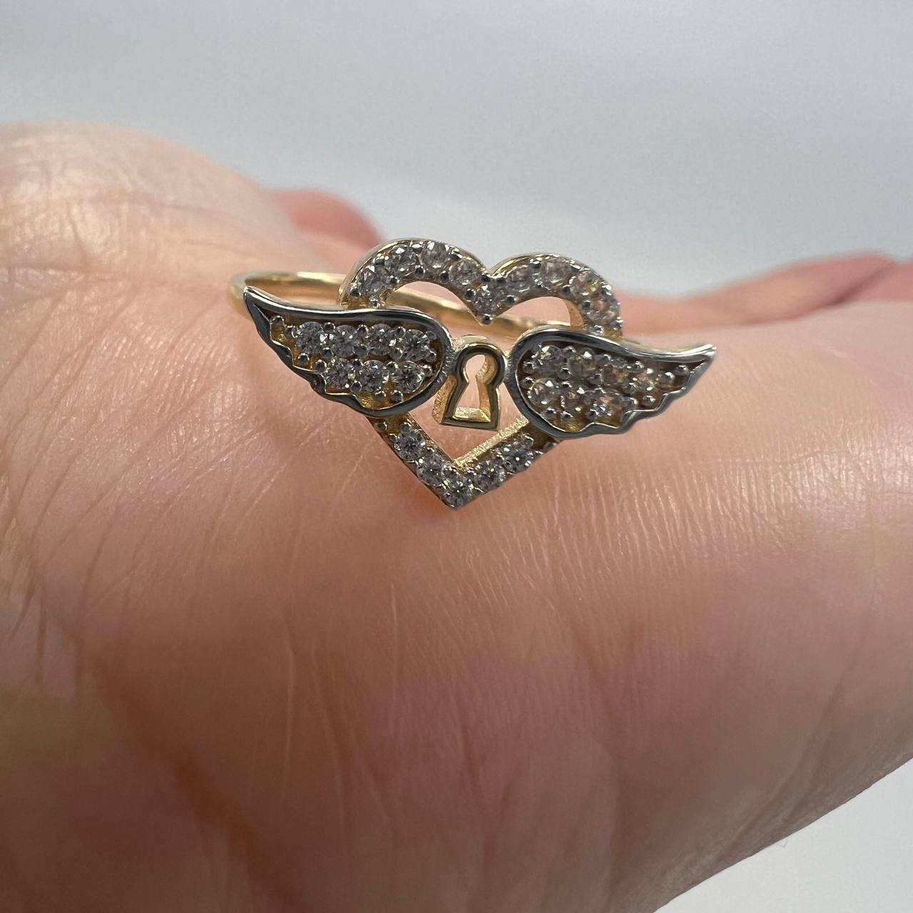 New 14K Solid Gold Ring 1.6g – Heart with Wings and Stones, Made in Italy - Image 2