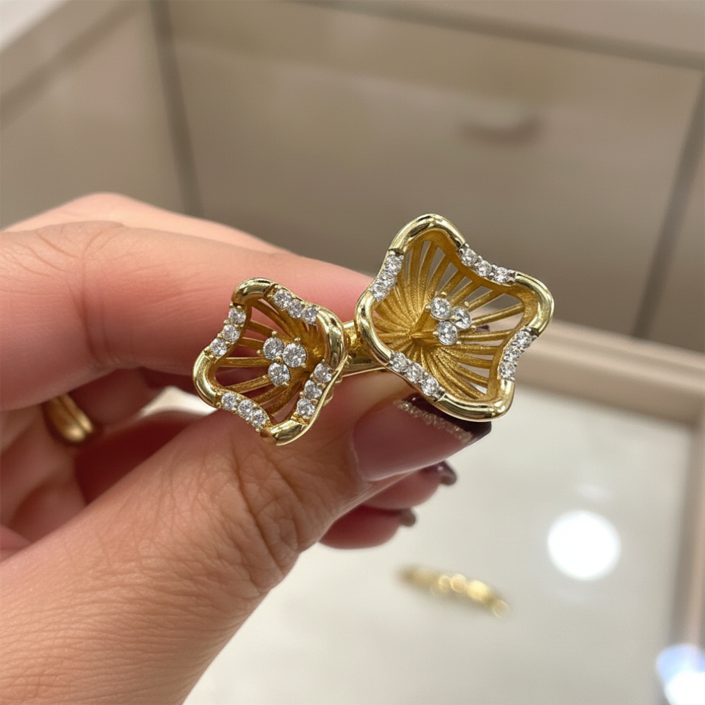 14K Yellow Gold Dual Flower Ring Zircon Statement Openwork Women's Jewelry