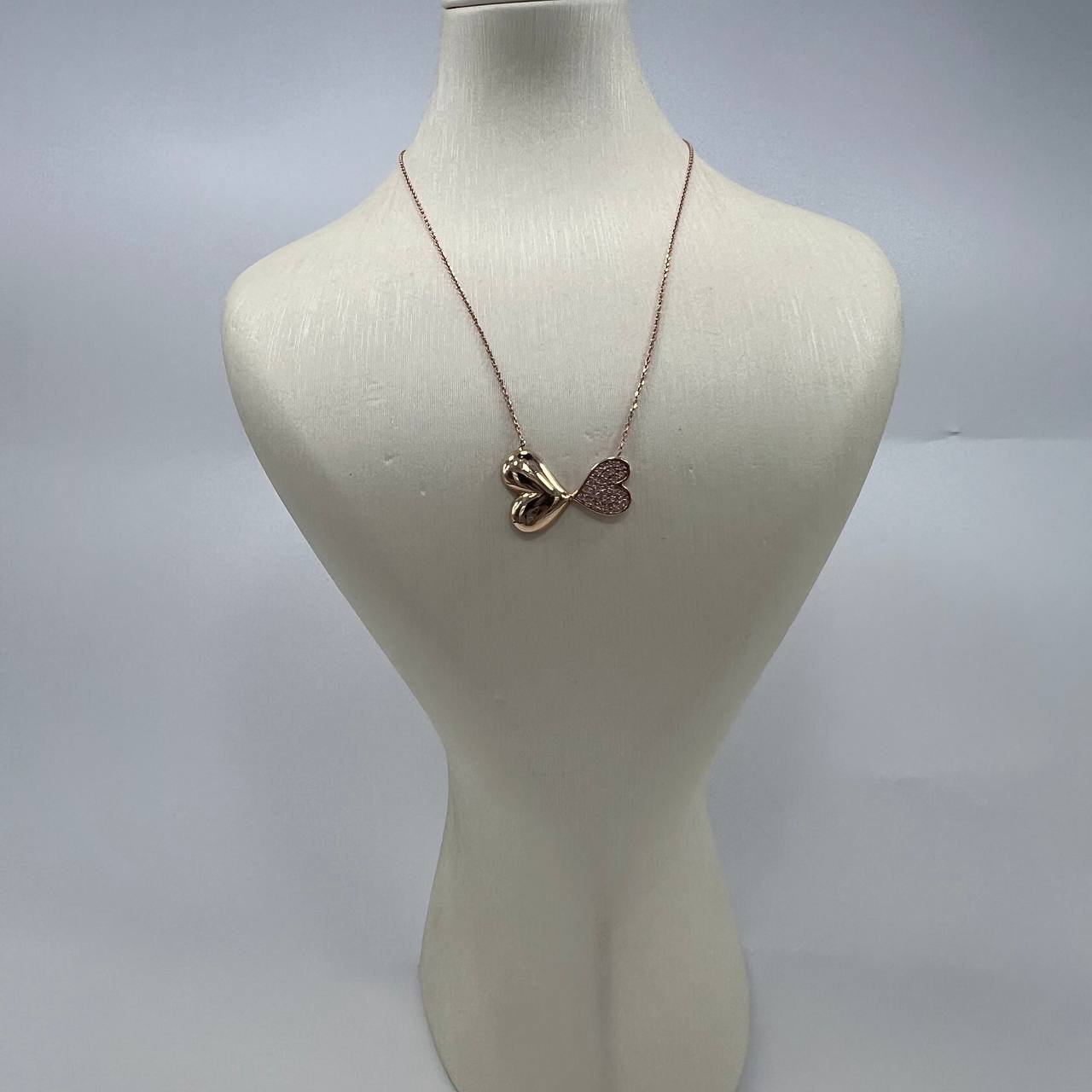 New Elegant 14K Solid Gold Italian Necklace – Double Heart Pendant with CZ 3.3g - Image 2