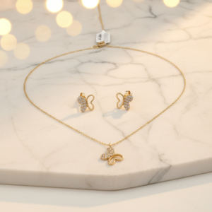 14K Yellow Gold Butterfly Necklace & Stud Earrings Set Zircon Women's Jewelry Gift