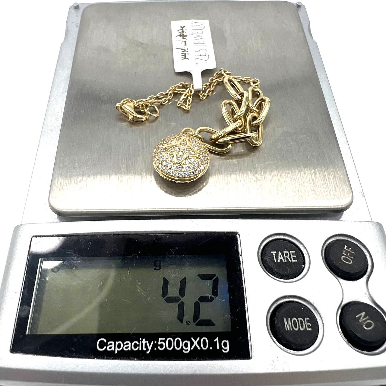 Beautiful 14K yellow gold bracelet with a chain & zircon decorated circle charm - Image 8